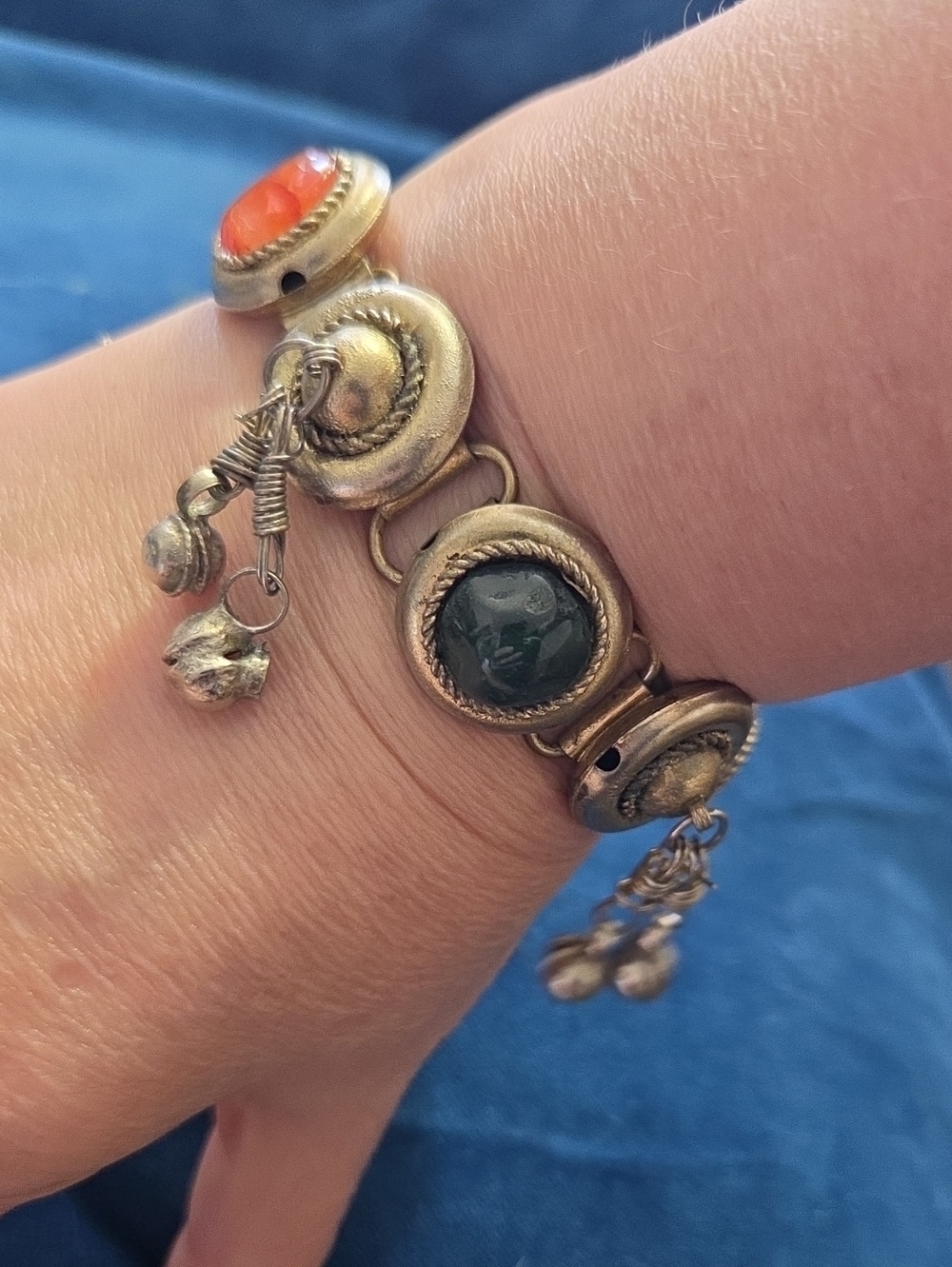 Vintage Bohemian Silvertone Bracelet with Multicolour Agates And Dangling Bells
